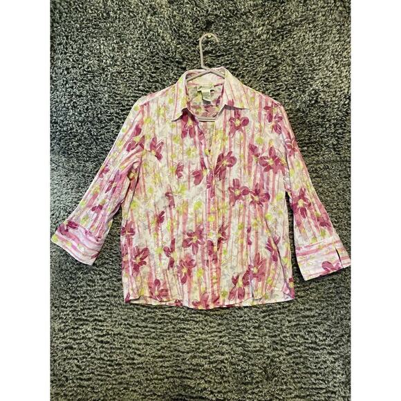 Joanna Pink Accordian semi sheer Top Floral button Blouse Crinkle Medium - Picture 14 of 15